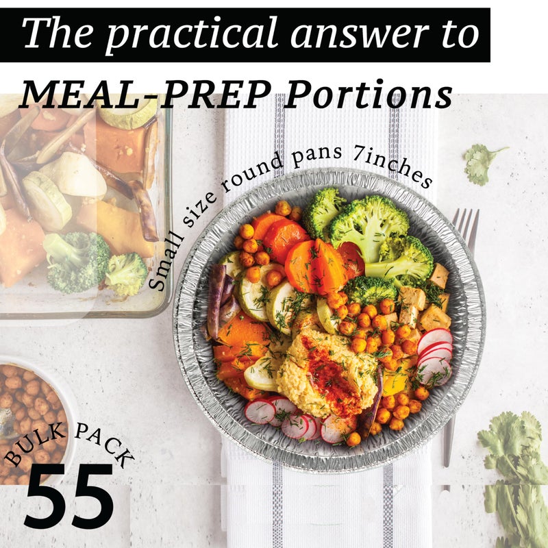 Spare Essentials (55 Pack) 7" Round Foil Pans with Lids - Small Aluminum Pans - Freezer & Oven Safe Round Aluminum Pans with Lids - Takeout Containers for Baking, Roasting, Air Fryer Food Storage - Image 3